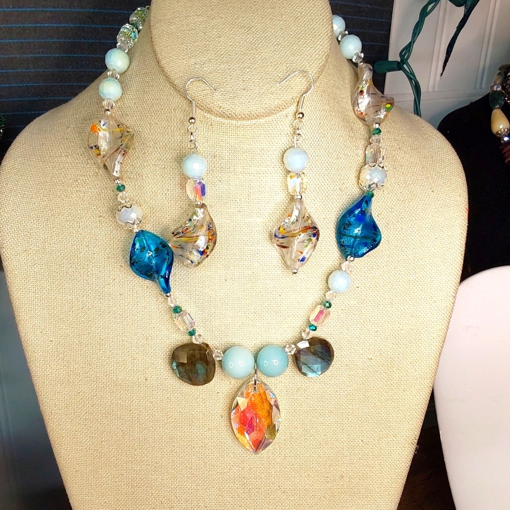 Artisan necklace,  crystal ,laboridite, lamp work Eighteen inch with Earrings